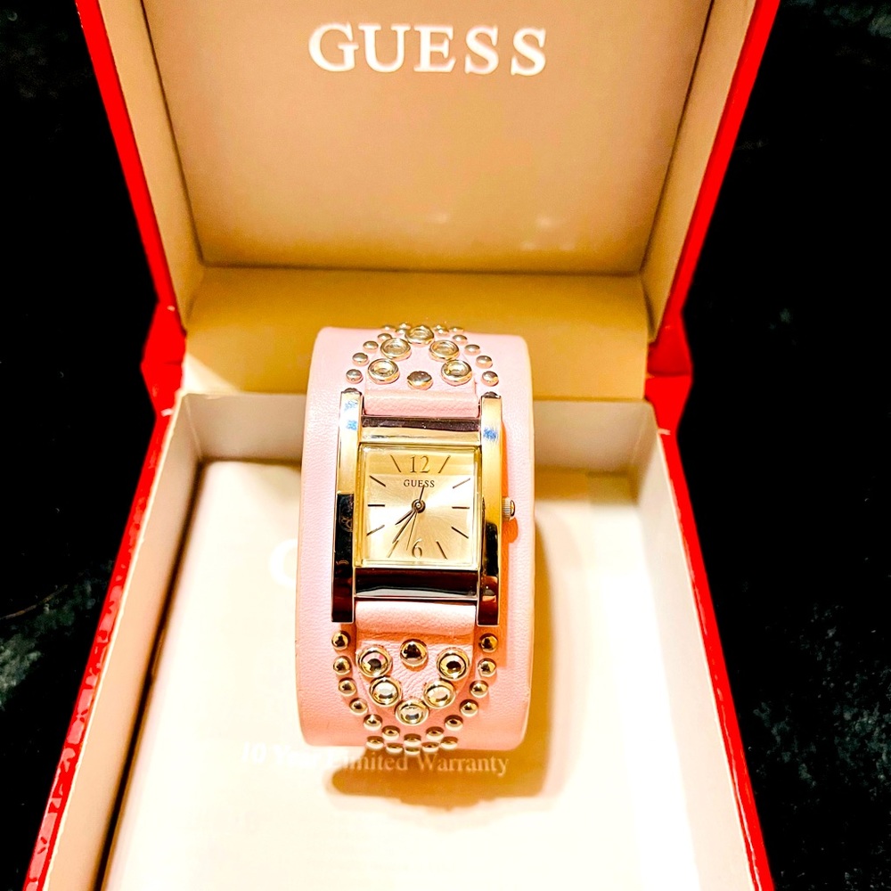 Guess Ladies Watch Pink Leather Rhinestone Studded Band Needs Battery